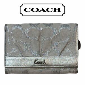 Coach‎ Signature Silver Metallic Jacquard Leather Bifold Wallet